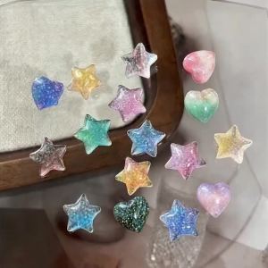 30Pcs Gradient Glitter Love Star Nail Charms Mixed Colors Pentagram Peach Heart Nails Decoration Kawaii Manicure Accessories