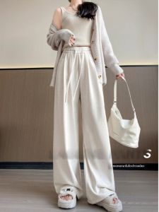 กางเกงขายาวทรงตรงเอวสูงผ้ายืดเนื้อนุ่มสบายสไตล์ลำลองสำหรับผู้หญิง ฤดูใบไม้ผลิและฤดูร้อนปี 2025 กางเกงขายาวทรงหลวมสำหรับผู้หญิง