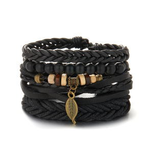 RINHOO | Trendy Braided Wrap Leather Bracelets Men Vintage Cross Dumbbell Guitar Charm Wood Beads Male Wristbands Jewelry Pulsera Hombre