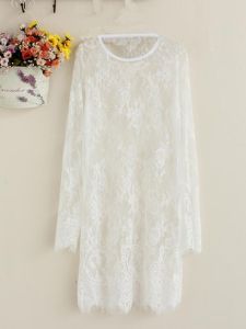 Summer New Loose round Neck Lace Shirt Thin Gauze Hollow out Breathable Korean Style Base Layer Top Long Sleeve Midi Length