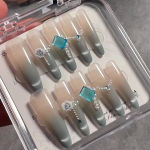 10Pcs Nude Blue Gradient Cat Eye Fake Nails 3D Rose Rhinestone Chain Handmade Press On Nail French Long Stiletto False Fingertip