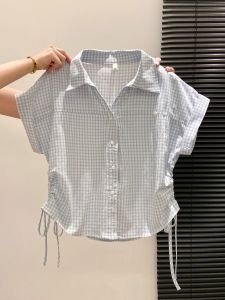 Blue Plaid Polo Collar Short Sleeve Womens Shirt Summer 2025 New Design Drawstring Waist Short Length Top Korean Style Loose Fit