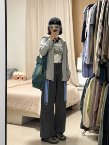 Retro American Work Pants Women Summer 2025 New Three Bars Hiphop Wide Leg Pants Cuffed Striped Casual Trousers