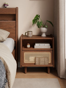 DONGMU | Vintage Style Wooden Rattan Bedside Table