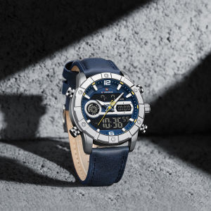 NAVIFORCE นาฬิกาแฟชั่นแท้สำหรับผู้ชายเข็มคู่เรืองแสงเคลื่อนไหวควอทซ์จอแสดงผลแอลซีแบบดีดิจิตอลปฏิทินวันที่กลางคืนแบบสายหนังกันน้ำลึก30เมตร NF9263ของขวัญนาฬิกาข้อมือนาฬิกาแฟชั่นธุรกิจลำลองผู้ชาย