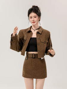 American Style Sweet Spicy Girl Denim Mini Skirt Set Womens Autumn Fashion High Waist Short Skirt Two Piece Set