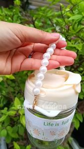 Ly Thủy Tinh Bình Nước Quai Ngọc Bao Da Hoa Chống Nóng Kèm Ông Hút Sang Chảnh 350Ml 13X8Cm
