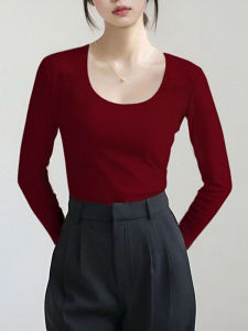 Womens Design Sensation Long Sleeve U-Neck Slim Fit Top White Base Layer Shirt Red T-Shirt Commute Style Spring Cotton