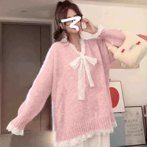 French Elegant Lace Butterfly Knot Splicing Design Sweater Womens Spring Autumn Sweet Knitted Long Sleeve Top V-neck Button-up
