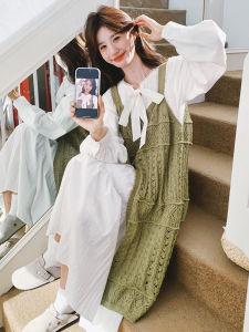 Spring Autumn 2025 Korean Style Slimming Green Skirt Set Womens College Style Dress Two Piece Set Long Sleeve A-Line Dress