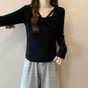 French Butterfly Knot V-neck Red Knitted Long Sleeve Womens Autumn New plus Size Fat MM Inner Shirt Top Loose Style Commute Wind