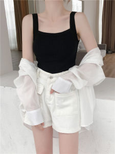 สีดำ ถัก เสื้อครอป ผู้หญิง ชุดสูท เสื้อผ้าตัวใน สีขาว ถัก เสื้อกล้าม ดีไซน์ Sensation Minimalist Jacket ฤดูร้อน แขนสั้น