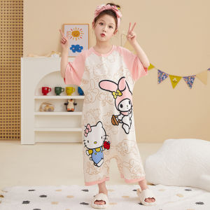 miiow | Cat Girl Childrens Summer Lightweight Pure Cotton Onesie Sleepwear Soft Breathable Cute Cartoon Girl Home Clothes