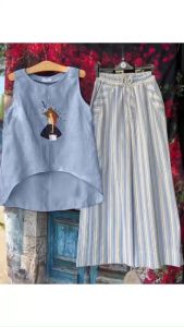 A45 Set Bộ Quần Loe Kẻ Áo Cô Gái