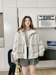 Korean Style Thin Hooded Workwear Jacket Womens Spring Autumn New Small Size Slim Short Coat Trendy Zipper Pocket Design