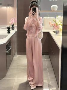 New Chinese Style Embroidered Button up Shirt And Wide Leg Pants Womens Fashion Set Autumn Season Long Sleeve V Neck Commute Style