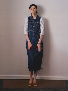 ถอดออกได้ เดนิม กระโปรง เสื้อกั๊ก เดรส Vintage High เอว ความยาวปานกลาง ผ้าฝ้าย ทรงเอ เรียบง่าย รายละเอียดปุ่มสไตล์ Office Wear ฤดูใบไม้ผลิ เดรส