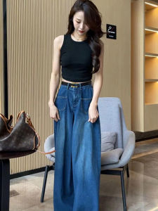 Quần Jeans Denim Xanh Cạp Cao Kiểu Dáng Rộng Thời Trang Mùa Thu 2025 Quần Jeans Nữ Kiểu Hồng Kông Retro Quần Ống Rộng