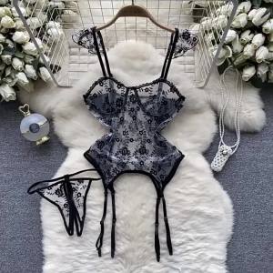 Bộ Đồ Lót Nữ In Hoa Kiểu Vintage Ôm Sát Đồ Ngủ Gợi Cảm Bodysuit Xuyên Thấu Kèm Quần Yếm Hoa Cạp Cao