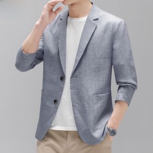 HENGYUANXIANG | Light Blue Casual Mens Suit Jacket Summer Thin Sun Protection Fashionable Polyester Fiber Standard Fit Button Decorated