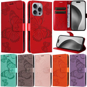 Luxury Big Butterfly Case For iPhone 17 Air 16e 16 15 Pro Plus Max Retro Wallet Card Slot Soft Leather Flip Skin Protect Stand Cover Case