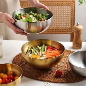 YESPERY 15cm Korean Stainless Steel Salad Bowl Multifunctional Cooking Basin Noodle Bowl Round Golden Silver Bowl