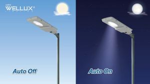 WELLUX โคมไฟถนนโซล่าเซลล์ แผงโมโนคริสตัลไลน์ 100W ชิป LUMI+ แบต BYD สว่างยันเช้า รุ่น NEPTUNE SERIES มีรีโมทควบคุม