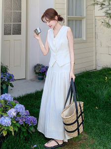 Elegant Off-White Two-Piece Womens Summer Fashion Set High-Quality Polyester And Spandex V-Neck Button-Up Skirt And Top Set