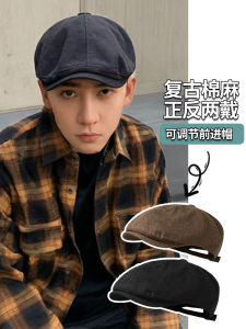 Black Cotton Linen Beret Hat Large Head Size Advance Cap High End Detective Hat Summer Vintage Short Brim Duckbill Cap for Men