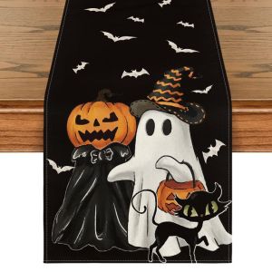 VIKAMA Halloween Table Runner Witch Hat Ghost Pumpkin Black Cat Bat for Dining Table Home Spooky Holiday Party Decor