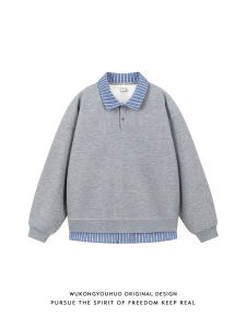 WUKONGYOUHUO | Check Pattern Fake Two Pieces Long Sleeve Polo Shirt