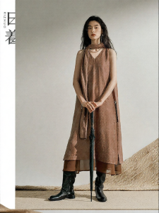 Linen V-Neck Sleeveless A-Line Dress Removable Collar