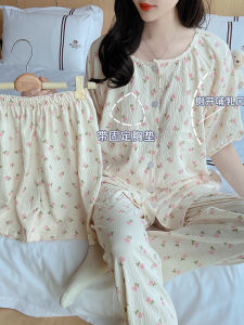 Cloud Cotton Confinement Clothing Summer Short Sleeve Postpartum Nursing Homewear Three-Piece Thin Pregnant Women Pajamas with Chest Pad