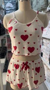 2 PC Womens Summer Camisole Pajamas Heart Print Design Short Vest Shorts Breathable Comfortable Casual Style Home Pajamas