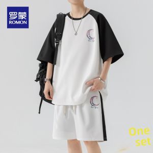 ROMON | Romon Casual Ice Silk Short Sleeve T-Shirt Mens Summer Thin Sporty Two-Piece Set Breathable Lightweight Polyester Fiber