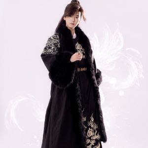 Original Hanfu Mens Winter Thickened Fleece Lined Cowl Neck Tang Style Embroidered round Neck Robe Traditional Chinese Costume