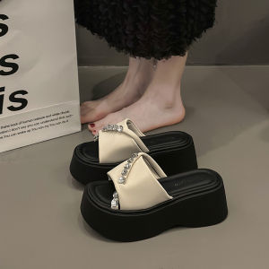 Womens Summer Thick Bottom 7cm Slippers Wedding Beach Shoes Lightweight Slimming Comfortable Flat Sandals Street Style PU Sole