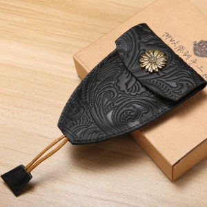 He Yi Original Cowhide Car Key Case Retro Print Genuine Leather Handmade Home Minimalist Flower Button Key Case Fashion