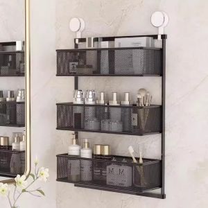 Bathroom Wall Mounted Storage Rack Shower Room Washstand Multi-Function Hanging Shelf Modern Style Iron Material No Drilling