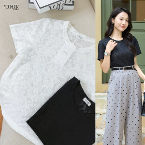 Áo nữ YOUNGER BY CARDINA chất ren mềm ngắn tay cổ tròn 5YARC09