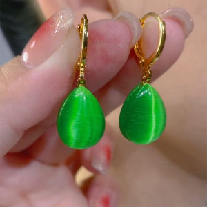 Fashionable Green Cats Eye Stone Waterdrop Earrings Womens New 2023 Anti-Loss Ear Studs Luxury Design Dangle Earrings