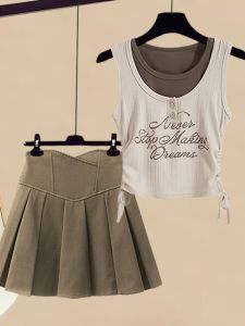 Mùa Hè Mỹ Retro Cay Bé Gái Trang Phục  Áo Hai Dây Váy Bộ Phụ Nữ Thu Nhỏ Bộ Hai Món Giả Hai Món Thời Trang Hòa Tấu