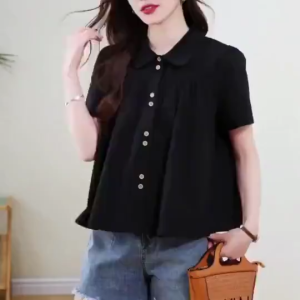 Doll Collar Short Sleeve Blouse Women Solid Color Button Down Casual Tops