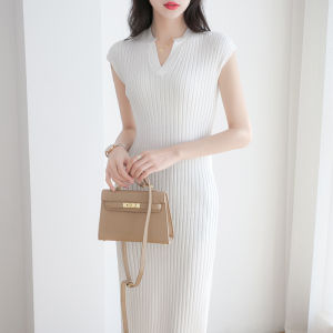 Ielgy ăn mặc của phụ nữ Pháp Retro ngắn tay dệt kim thời trang v-cổ mỏng phù hợp với Đầm xẻ