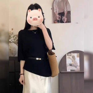 BINKAFENNY | Black One-Shoulder Knitted Short-Sleeve T-Shirt Women Summer Plus Size Loose Comfortable Top Slimming Effect Pear Shaped Body