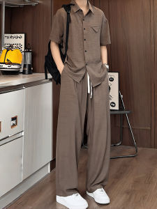 LIUBU | Brown Old Money Style Lyocell-like Linen Mens Short Sleeve Shirt and Long Pants Set