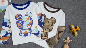 Betop Camo Teddy Bear Two-Tone Graphic Print Children Kids Long Sleeves Cotton Tee Top