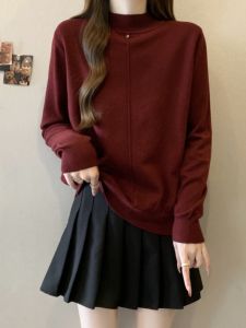 เสื้อสเวตเตอร์ถักคอสูงแขนยาวสำหรับผู้หญิง ฤดูใบไม้ผลิและฤดูใบไม้ร่วง สไตล์ใหม่ ไซส์ใหญ่ สีแดง เสื้อชั้นในสีพื้น เสื้อชั้นในถัก