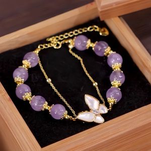 Butterfly Hand Chain for Women with Natural Purple Crystal Alloy Silver Plated Gold Dragonfly Insect Pattern Polished Design