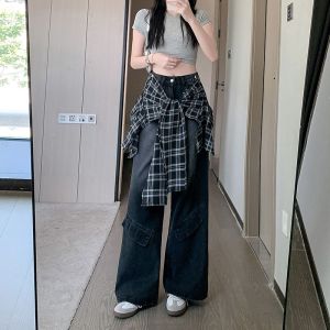American Retro Detachable Cheek Curtain Jeans Womens High Waist Slim Straight Wide Leg Floor Length Pants Casual Style